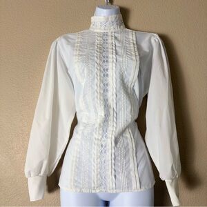 Vintage White Lace Pintuck Blouse Size 12 High Neck 1970s Secretary Top feminine